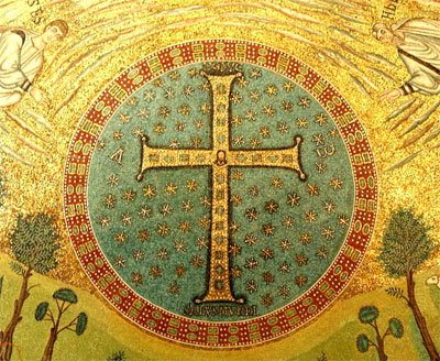 Mosaic."Transfiguration Cross" in St Apolinare in Ravenna, Italy